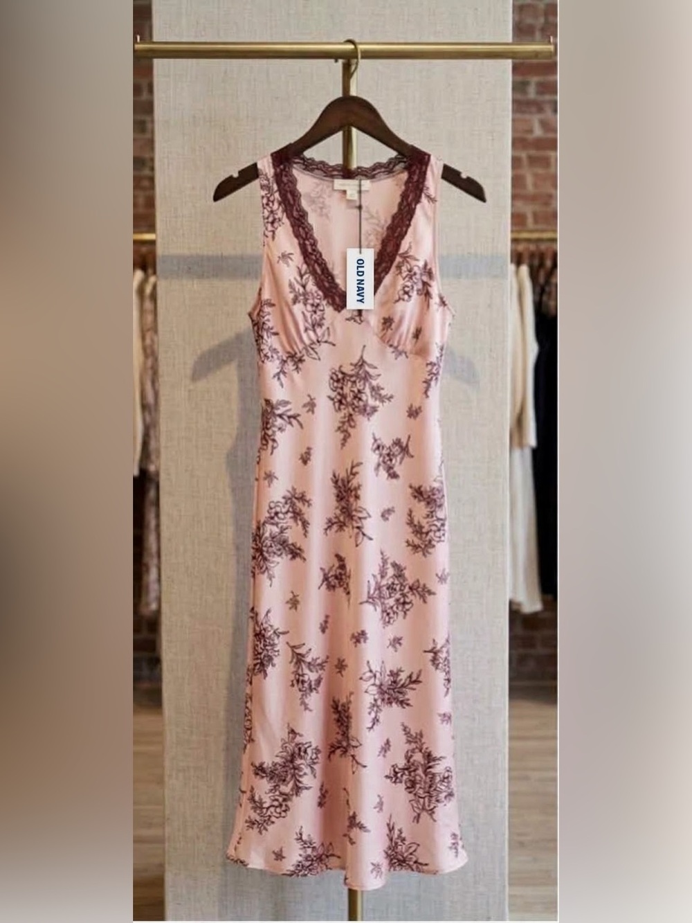 Old Navy Silk-Feel Pink/Wine Floral Lace-Trim Slip Dress: Size M